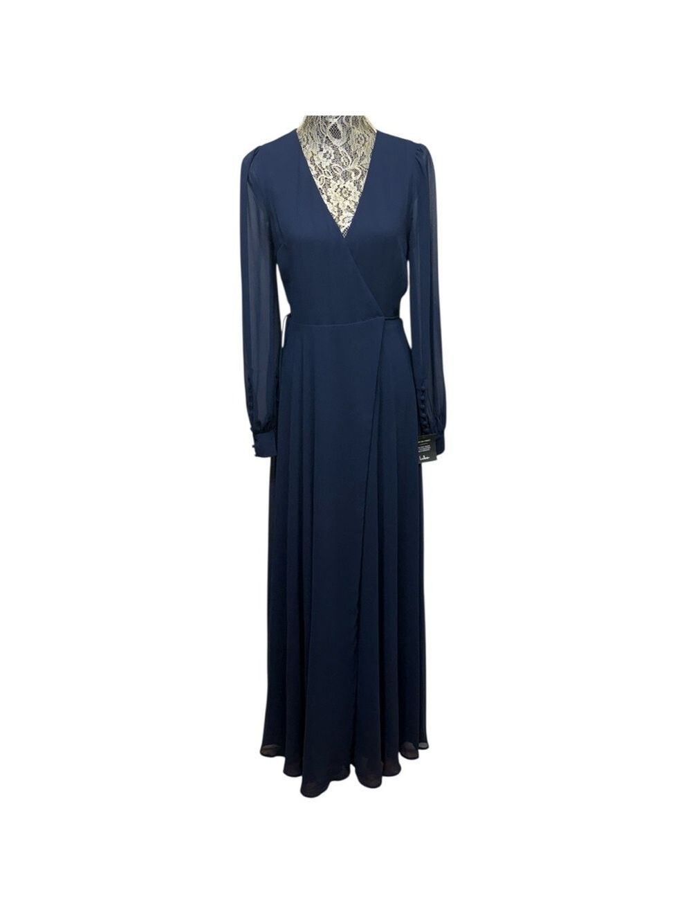Lulus My Whole Heart M Dark Navy Blue Long Sleeve Wrap Formal Maxi Dress NWT